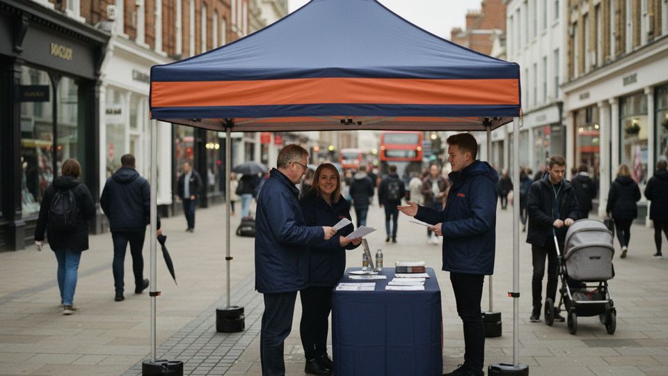 A navy and orange promotional gazebo on a busy British high street, with staff talking to shoppers