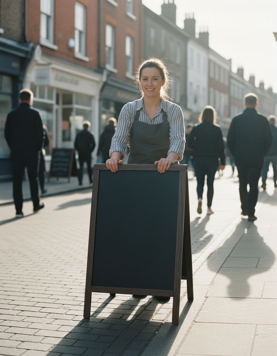 A café owner setting out a chalkboard sign on a busy British high street in the morning