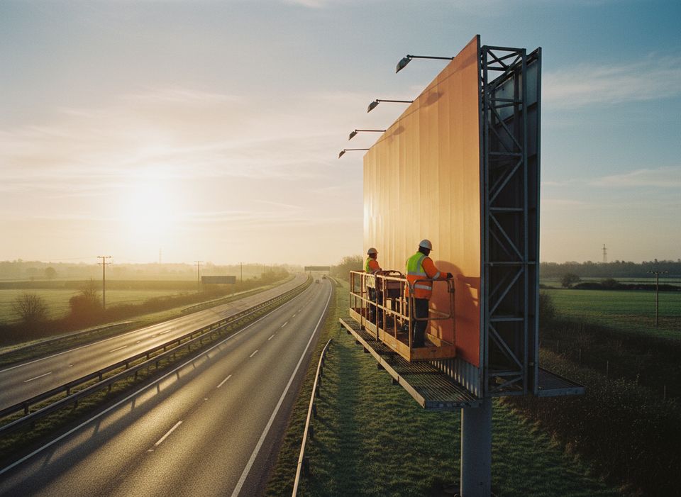 Two installers on a platform putting up a plain orange poster on a roadside billboard at sunrise