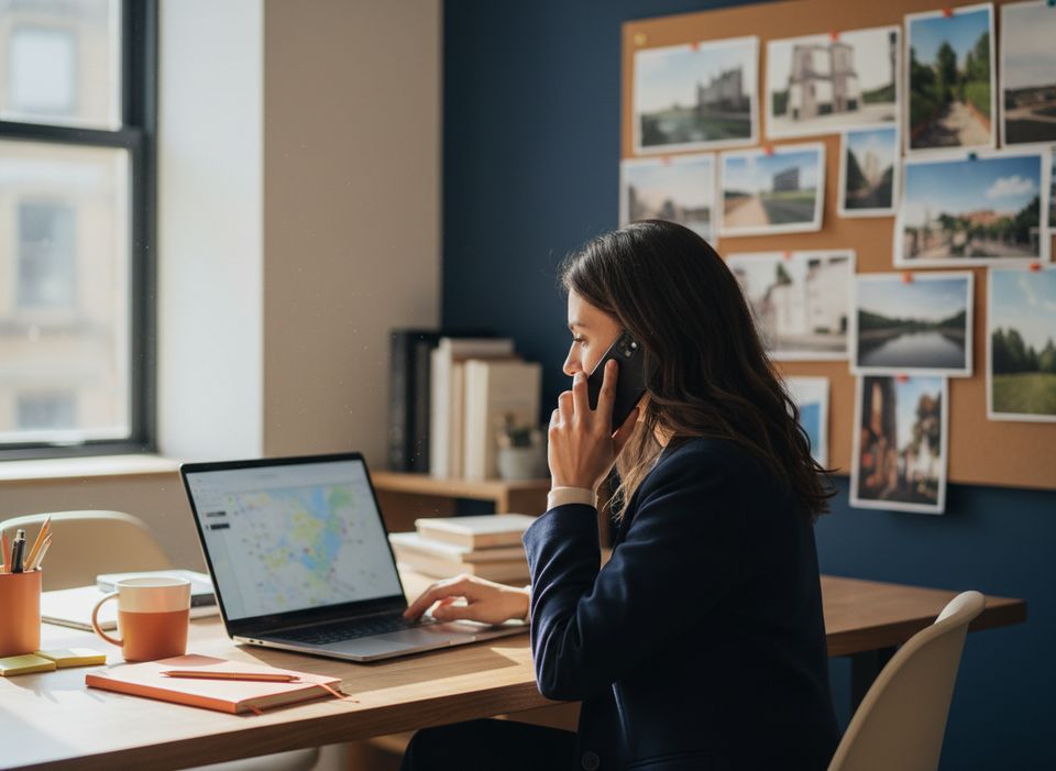 A media planner on a phone call at her desk, with a map on the laptop and site photos pinned behind