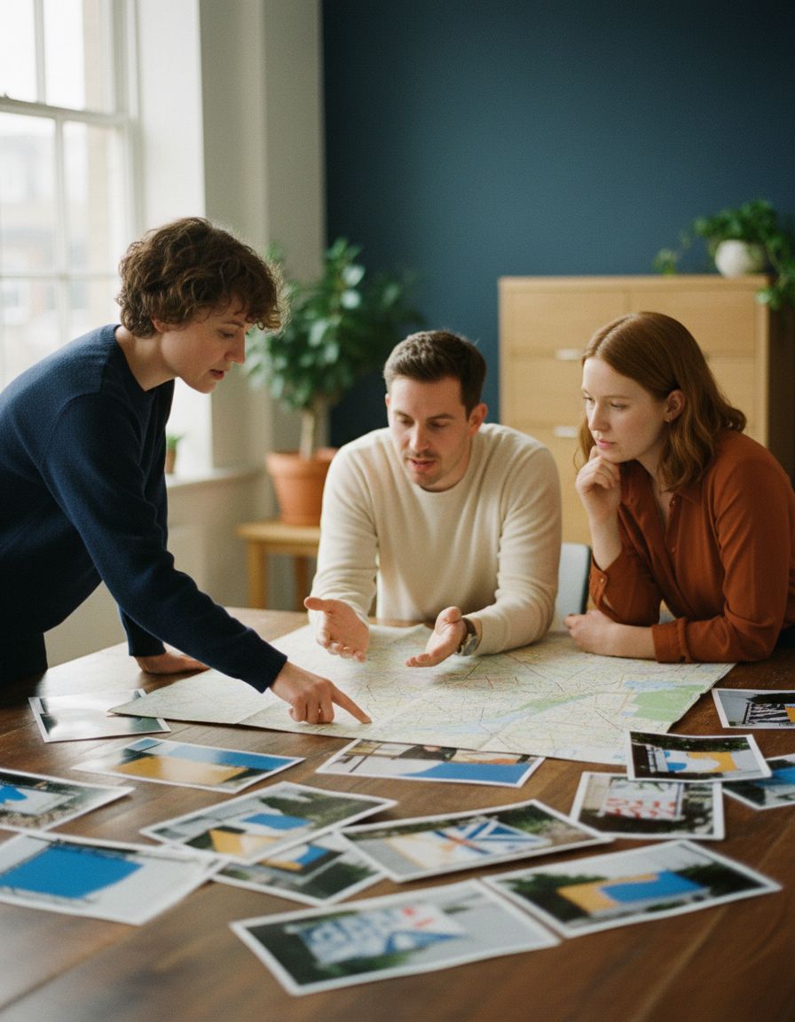A small media planning team leaning over a table of printed billboard site photos and a city map