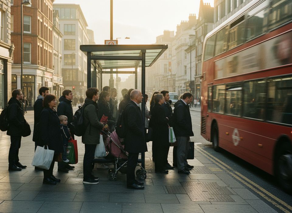 Commuters and shoppers waiting at a bus stop as a red double-decker pulls in
