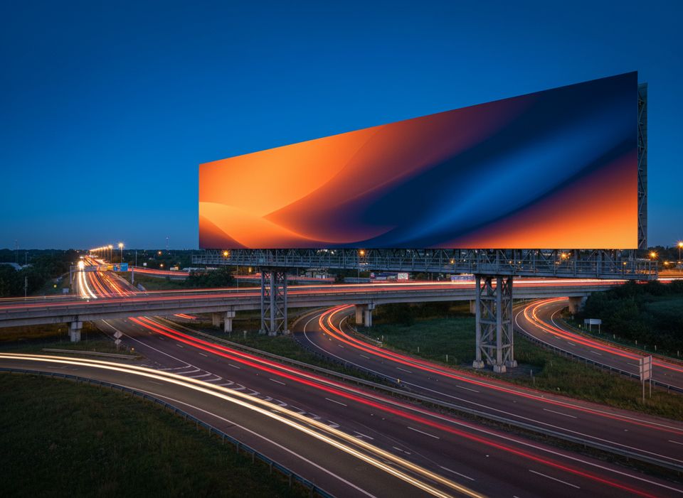 A large roadside digital billboard above a motorway junction at dusk with light trails