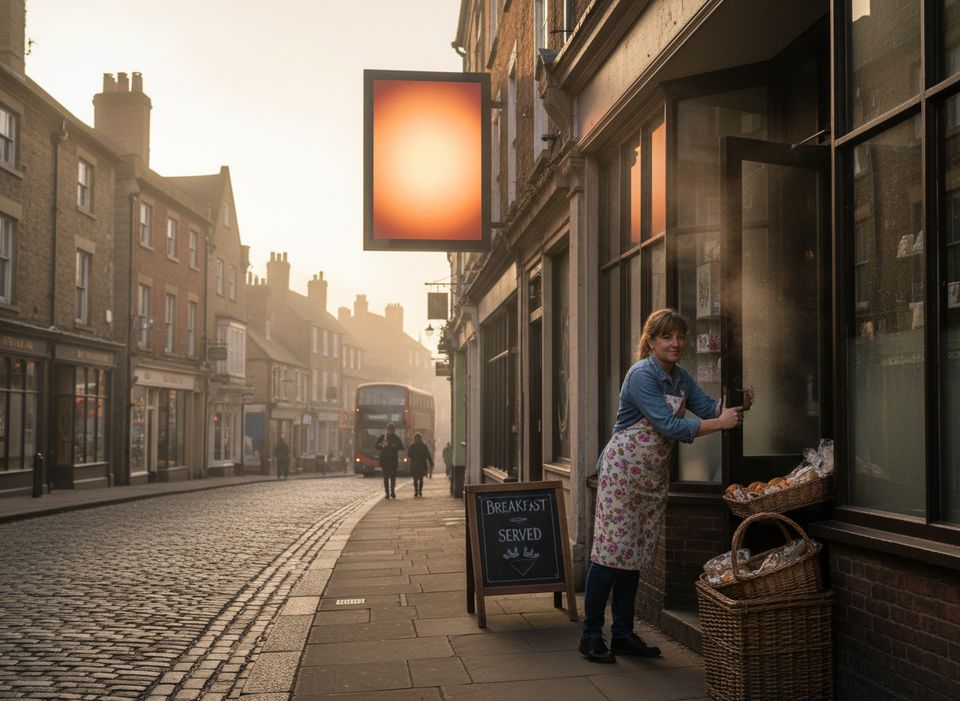 A café owner opening up at breakfast time with a glowing digital screen across the street