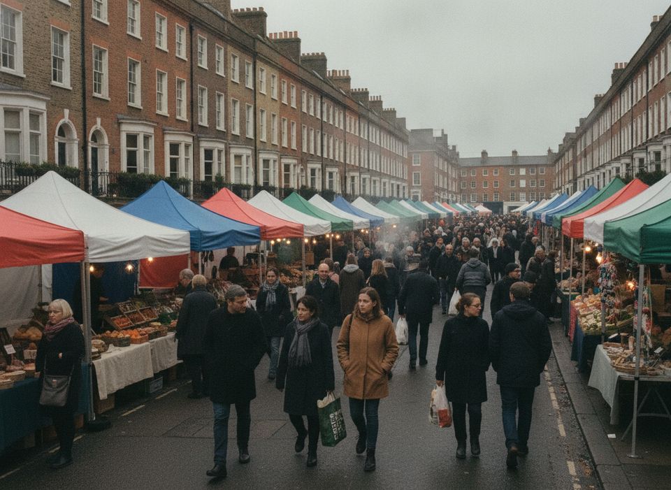 A busy weekend street market with rows of gazebo stalls
