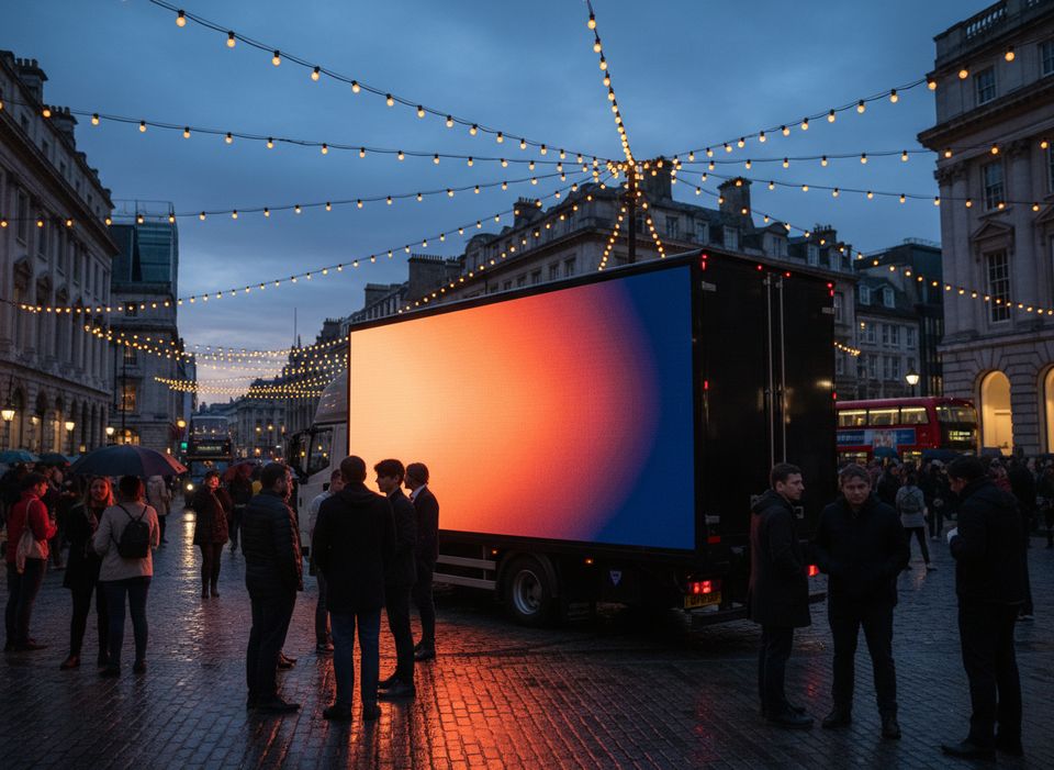 A digital LED advertising truck glowing in a city square during an evening event